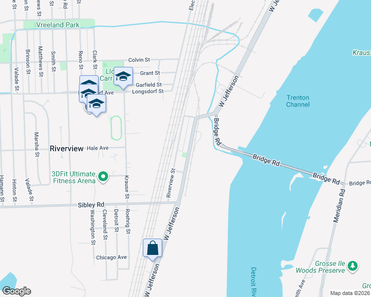map of restaurants, bars, coffee shops, grocery stores, and more near 18350 Jefferson in Riverview