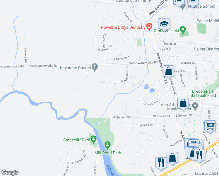map of restaurants, bars, coffee shops, grocery stores, and more near 701 Coventry Court in Saline