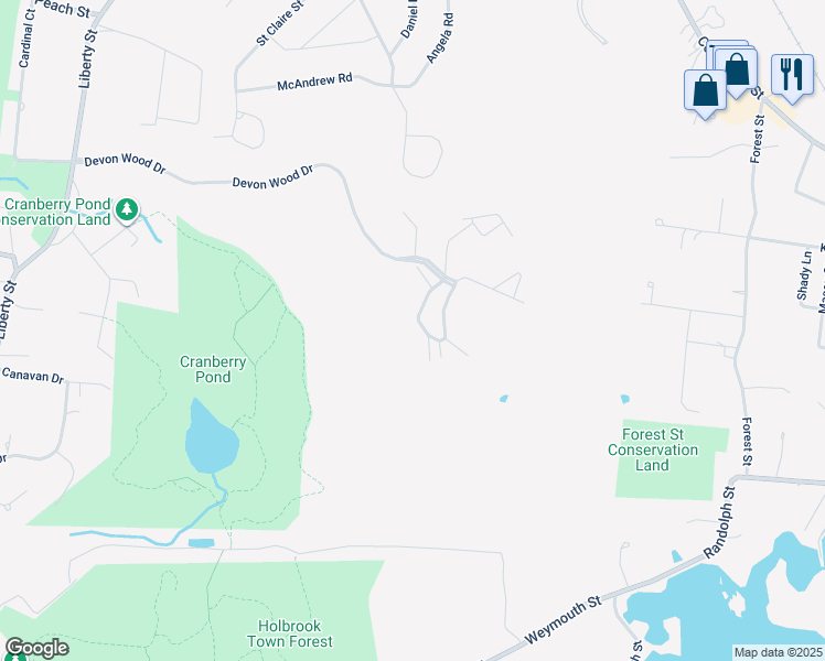 map of restaurants, bars, coffee shops, grocery stores, and more near 88 Bradford Commons Lane in Braintree