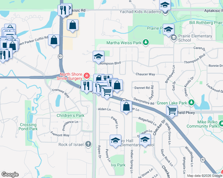 map of restaurants, bars, coffee shops, grocery stores, and more near 1055 Courtland Drive in Buffalo Grove