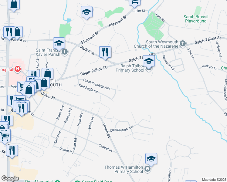 map of restaurants, bars, coffee shops, grocery stores, and more near 122 Bald Eagle Road in Weymouth