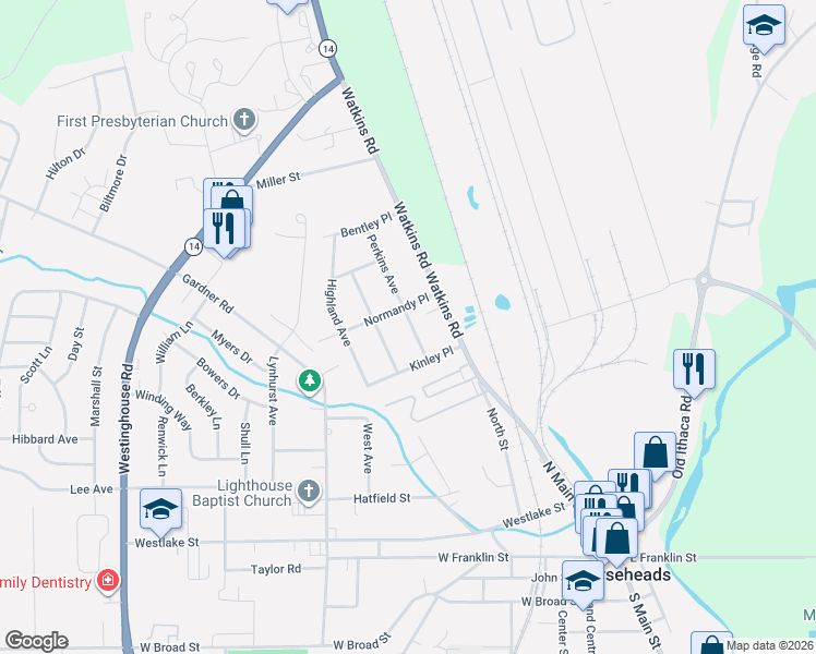 map of restaurants, bars, coffee shops, grocery stores, and more near 412 Perkins Ave in Horseheads