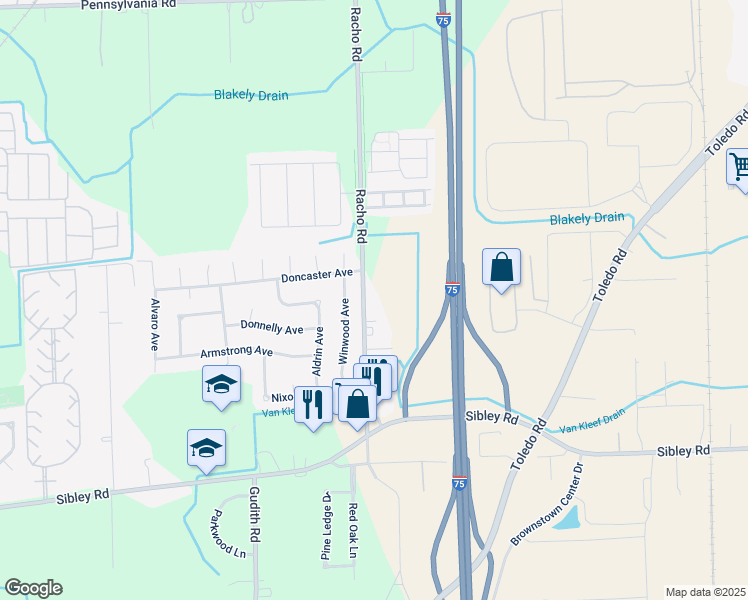 map of restaurants, bars, coffee shops, grocery stores, and more near 18225 Racho Road in Brownstown Charter Township