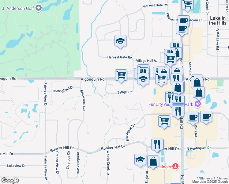 map of restaurants, bars, coffee shops, grocery stores, and more near 2955 Talaga Drive in Algonquin