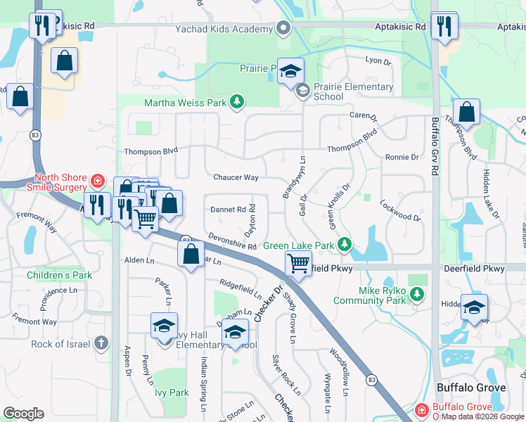map of restaurants, bars, coffee shops, grocery stores, and more near 1215 Dayton Road in Buffalo Grove