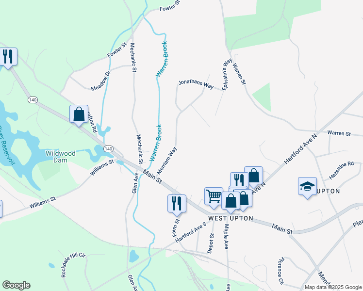 map of restaurants, bars, coffee shops, grocery stores, and more near 9 Merriam Way in Upton