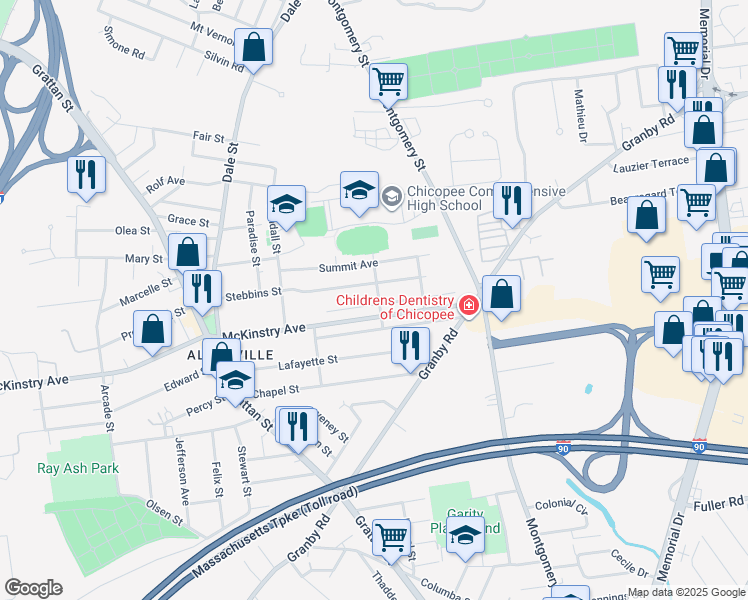 map of restaurants, bars, coffee shops, grocery stores, and more near 898 McKinstry Avenue in Chicopee