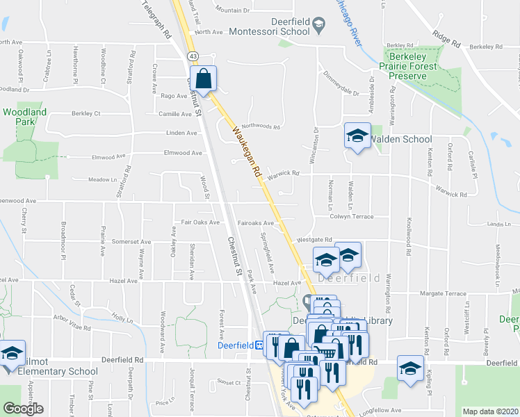 map of restaurants, bars, coffee shops, grocery stores, and more near 908 Fair Oaks Avenue in Deerfield