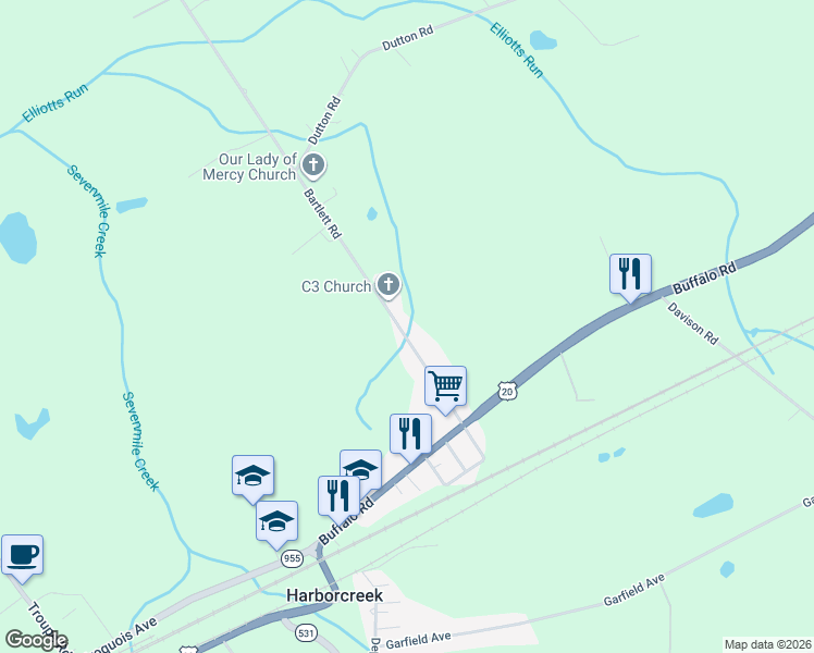 map of restaurants, bars, coffee shops, grocery stores, and more near 1160 Bartlett Rd in Erie