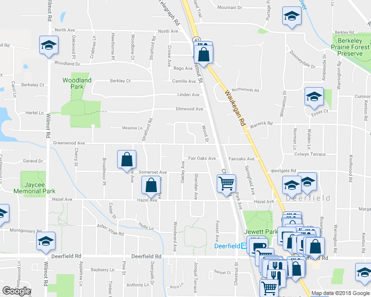 map of restaurants, bars, coffee shops, grocery stores, and more near 1111 Greenwood Avenue in Deerfield