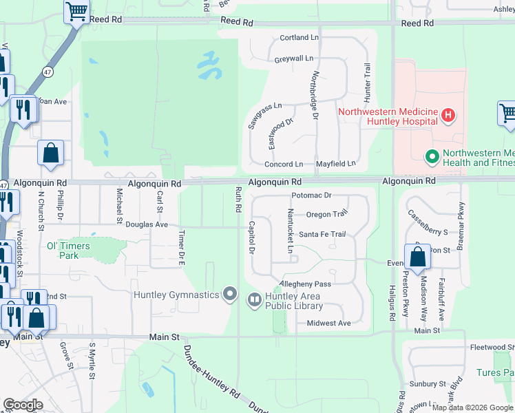 map of restaurants, bars, coffee shops, grocery stores, and more near 10592 Capitol Lane in Huntley