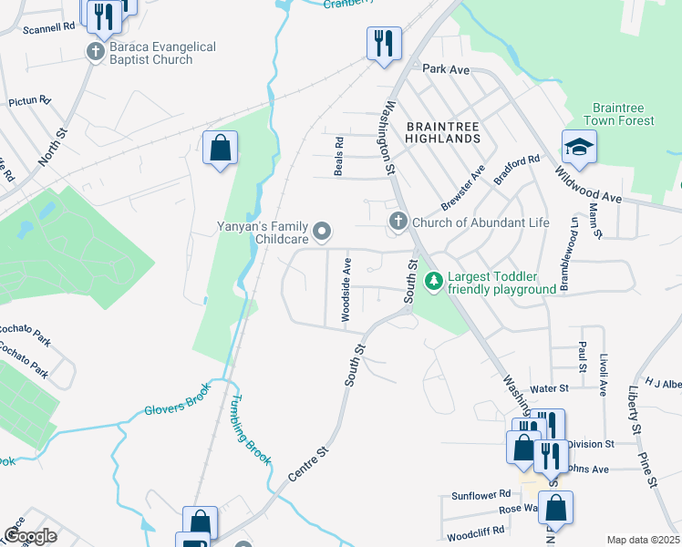 map of restaurants, bars, coffee shops, grocery stores, and more near 38 Leahaven Terrace in Braintree