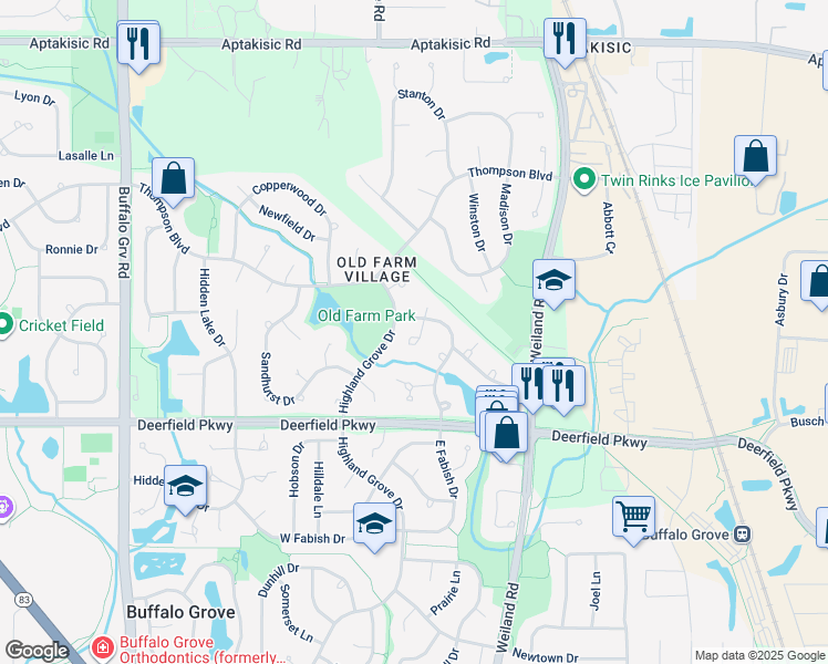 map of restaurants, bars, coffee shops, grocery stores, and more near 1230 South Wellington Court in Buffalo Grove