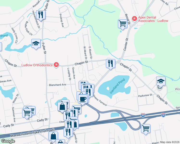 map of restaurants, bars, coffee shops, grocery stores, and more near 6 Quincy Street in Ludlow