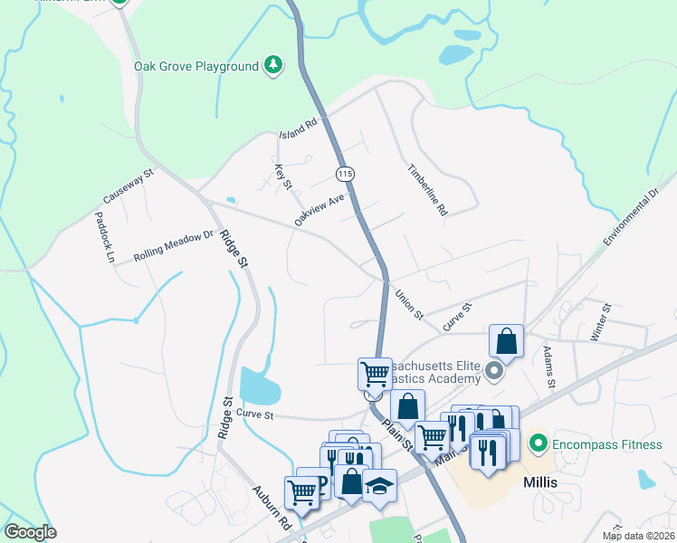 map of restaurants, bars, coffee shops, grocery stores, and more near 15 Pollard Drive in Millis