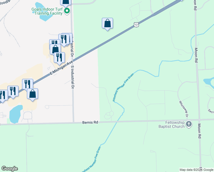 map of restaurants, bars, coffee shops, grocery stores, and more near 225 South Industrial Drive in Saline