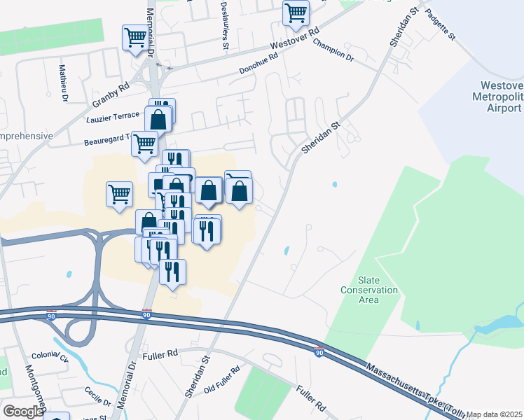 map of restaurants, bars, coffee shops, grocery stores, and more near 5 Gerard Lane in Chicopee
