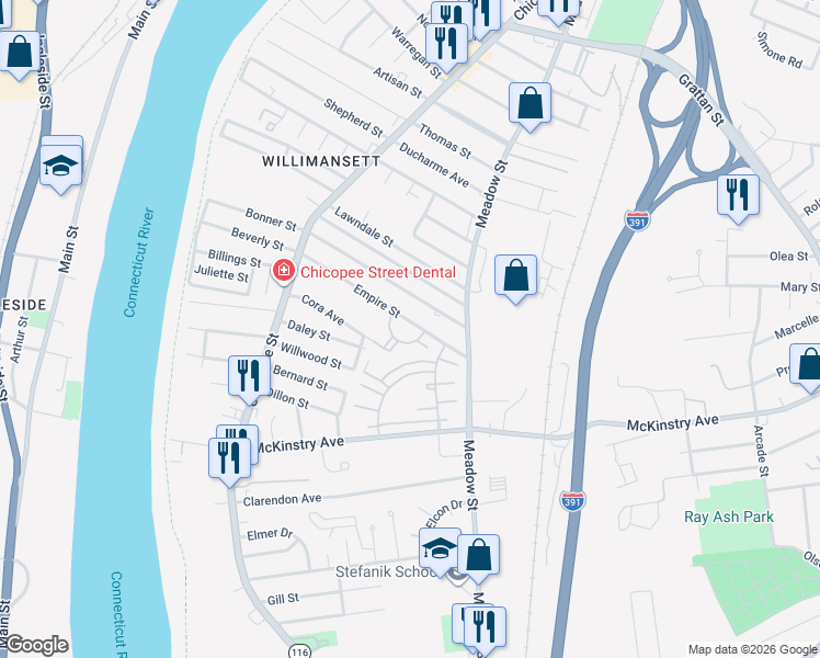 map of restaurants, bars, coffee shops, grocery stores, and more near 14 Empire Street in Chicopee