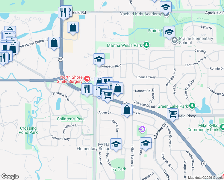 map of restaurants, bars, coffee shops, grocery stores, and more near 1065 Courtland Drive in Buffalo Grove