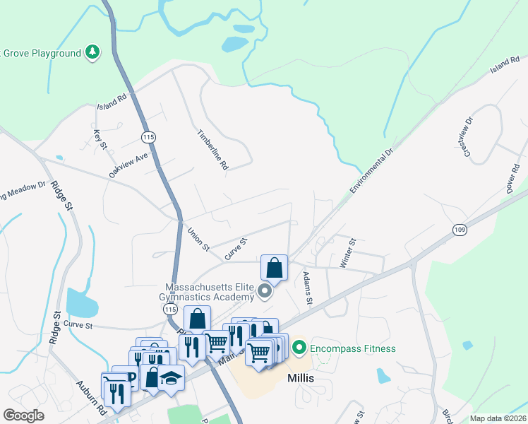 map of restaurants, bars, coffee shops, grocery stores, and more near 6 Tuckerdale Way in Millis