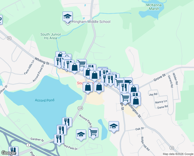 map of restaurants, bars, coffee shops, grocery stores, and more near 37 Washington Street in Norwell