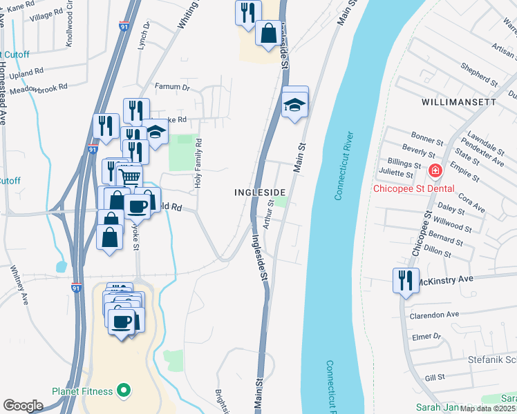 map of restaurants, bars, coffee shops, grocery stores, and more near 318 Ingleside Street in Holyoke