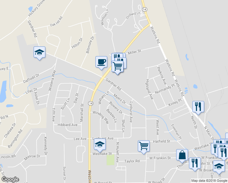 map of restaurants, bars, coffee shops, grocery stores, and more near 126 Myers Drive in Horseheads