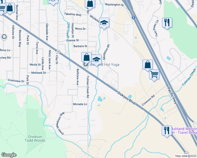 map of restaurants, bars, coffee shops, grocery stores, and more near 2542 Siskiyou Boulevard in Ashland