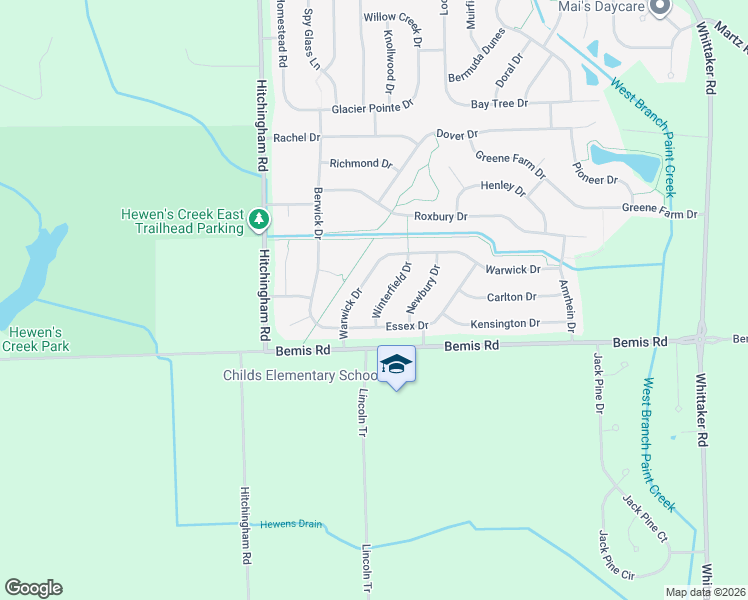 map of restaurants, bars, coffee shops, grocery stores, and more near 7910 Winterfield Drive in Ypsilanti