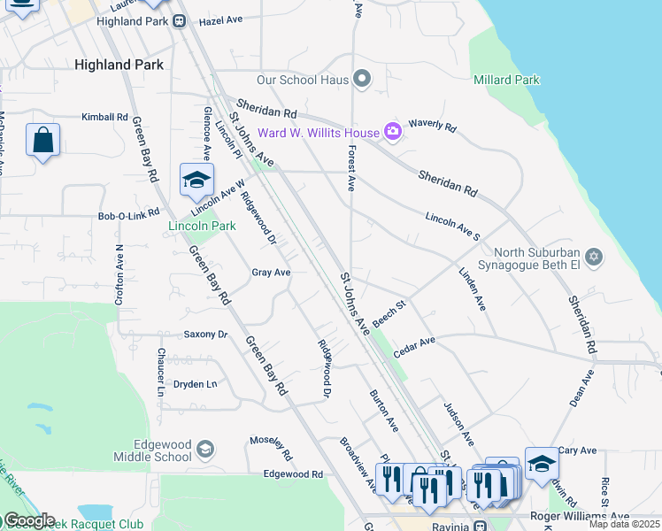 map of restaurants, bars, coffee shops, grocery stores, and more near 1701 Saint Johns Avenue in Highland Park
