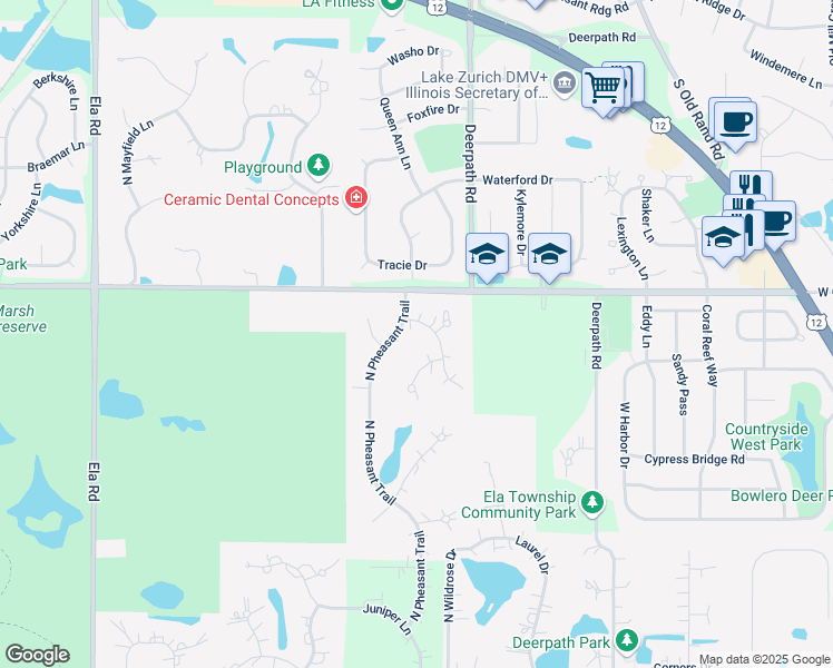 map of restaurants, bars, coffee shops, grocery stores, and more near 23332 Quail Court in Deer Park