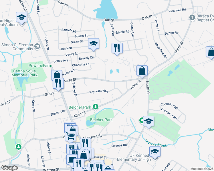 map of restaurants, bars, coffee shops, grocery stores, and more near 23 Reynolds Avenue in Randolph