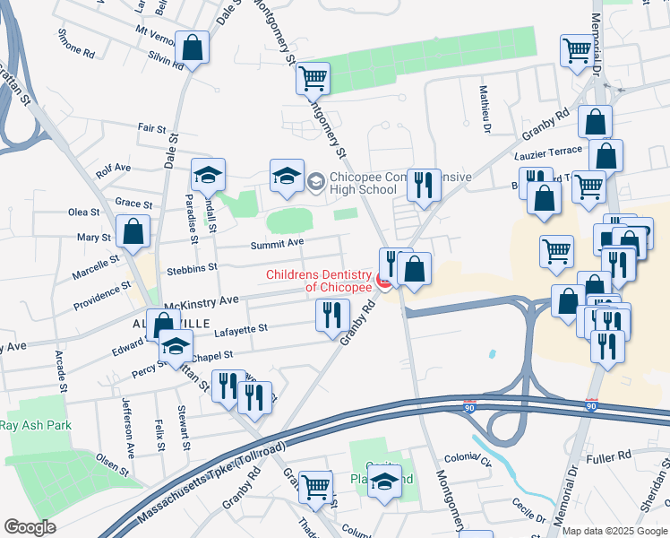 map of restaurants, bars, coffee shops, grocery stores, and more near 933 McKinstry Avenue in Chicopee