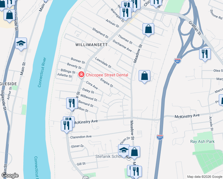 map of restaurants, bars, coffee shops, grocery stores, and more near 55 Empire Street in Chicopee