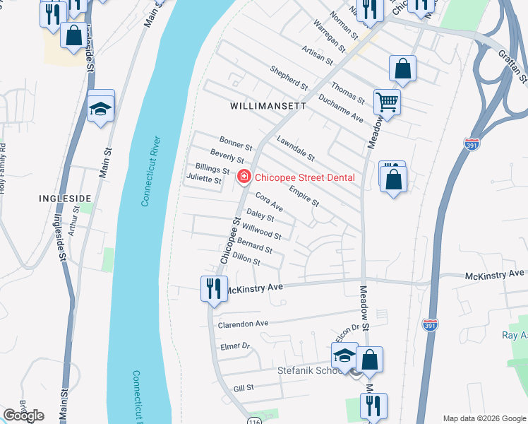 map of restaurants, bars, coffee shops, grocery stores, and more near 32 Willwood Street in Chicopee