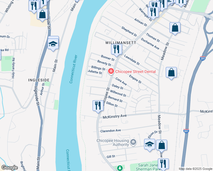 map of restaurants, bars, coffee shops, grocery stores, and more near in Chicopee