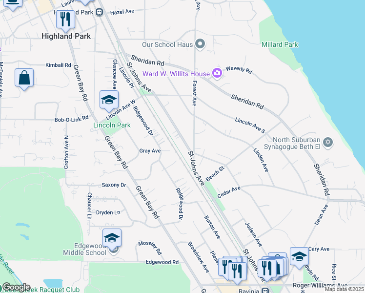 map of restaurants, bars, coffee shops, grocery stores, and more near 1701 Saint Johns Avenue in Highland Park