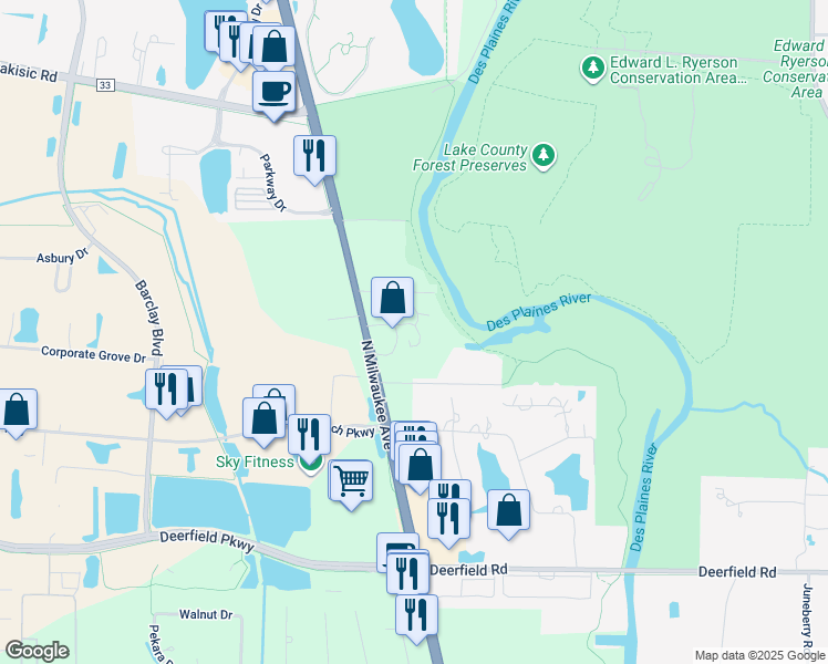 map of restaurants, bars, coffee shops, grocery stores, and more near 21457 Milwaukee Avenue in Deerfield