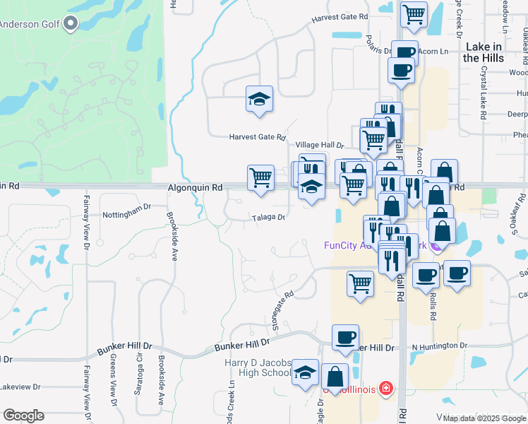 map of restaurants, bars, coffee shops, grocery stores, and more near 2958 Talaga Drive in Algonquin