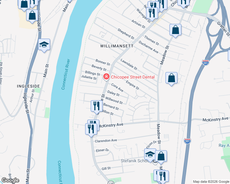 map of restaurants, bars, coffee shops, grocery stores, and more near 32 Willwood Street in Chicopee