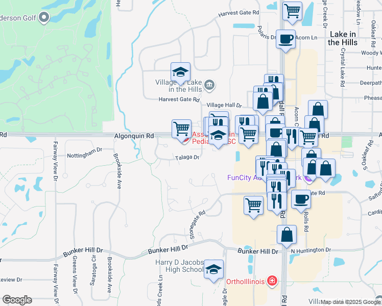 map of restaurants, bars, coffee shops, grocery stores, and more near 2893 Talaga Drive in Algonquin