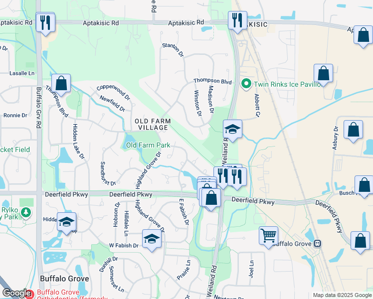 map of restaurants, bars, coffee shops, grocery stores, and more near 1238 Clearview Court in Buffalo Grove