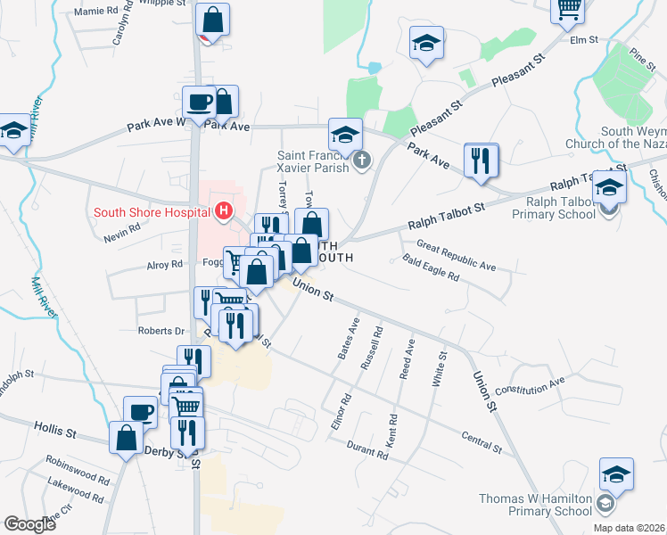 map of restaurants, bars, coffee shops, grocery stores, and more near 46 Union Street in Weymouth