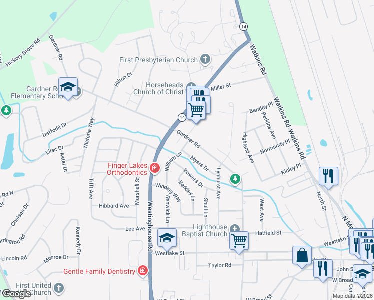 map of restaurants, bars, coffee shops, grocery stores, and more near 127 Myers Dr in Horseheads
