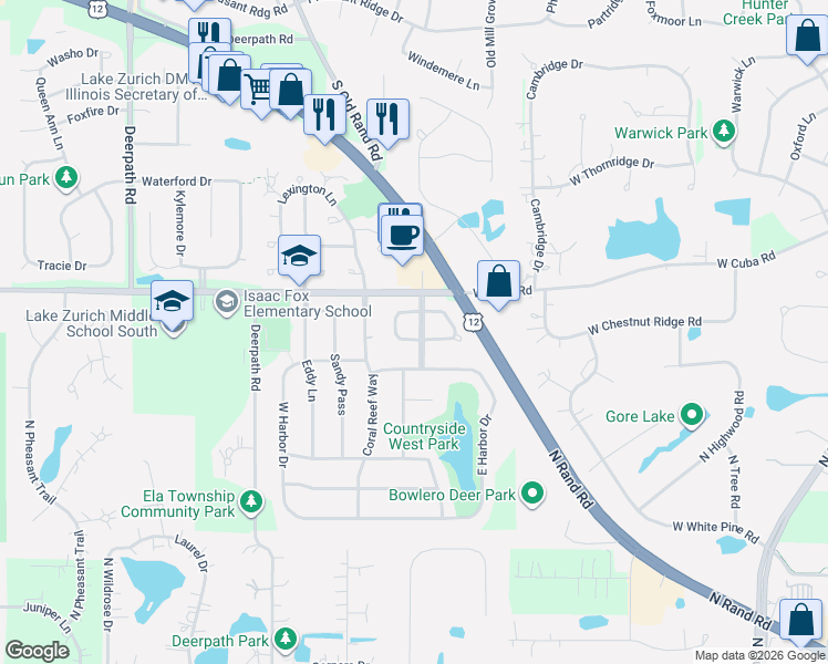 map of restaurants, bars, coffee shops, grocery stores, and more near 800 Woodbine Circle in Lake Zurich