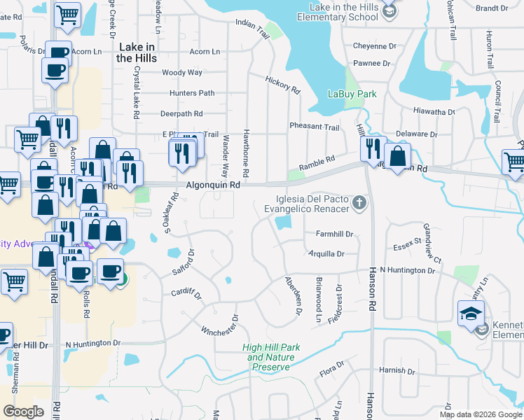map of restaurants, bars, coffee shops, grocery stores, and more near 2 Falcon Ridge Court in Algonquin