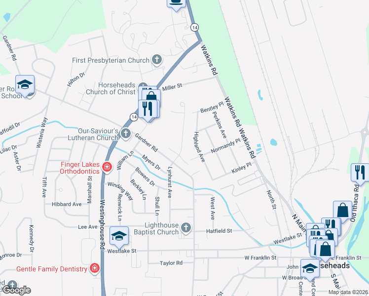 map of restaurants, bars, coffee shops, grocery stores, and more near 600 Lynhurst Avenue Ext in Horseheads