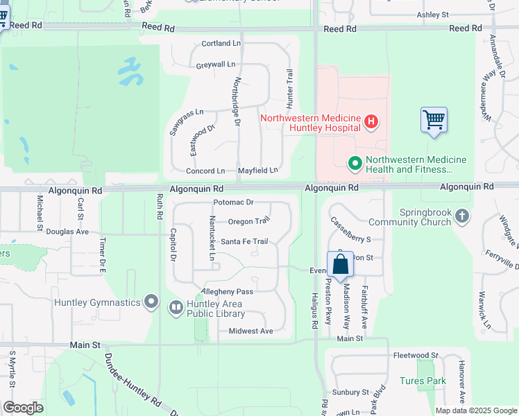 map of restaurants, bars, coffee shops, grocery stores, and more near 10685 Potomac Drive in Huntley