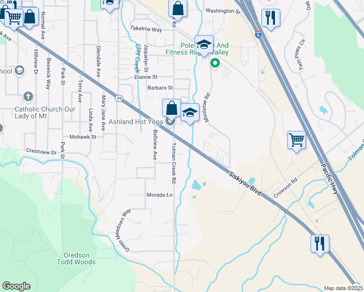 map of restaurants, bars, coffee shops, grocery stores, and more near 1150 Tolman Creek Road in Ashland