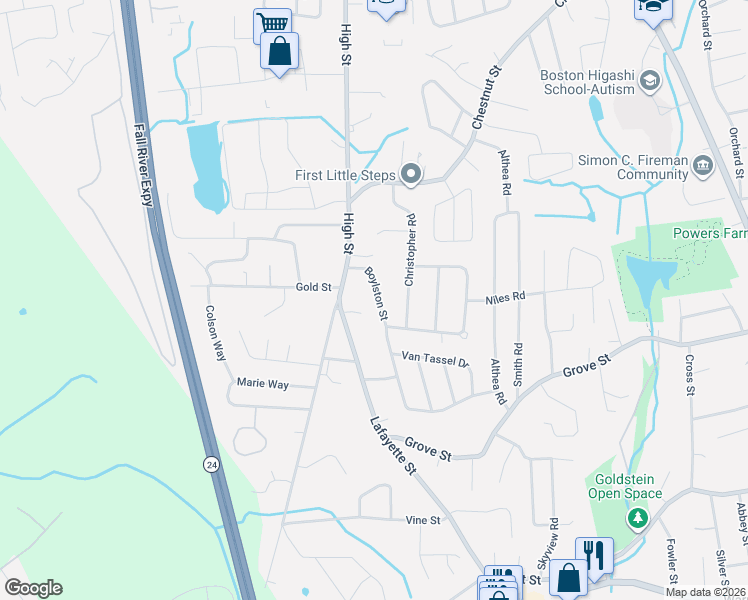 map of restaurants, bars, coffee shops, grocery stores, and more near 48 Boylston Street in Randolph